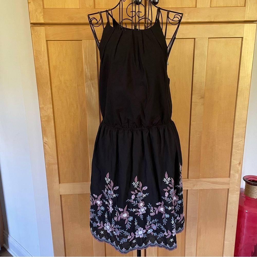 Mi Ami black sleeveless summer dress with pink floral stitching at hem s…